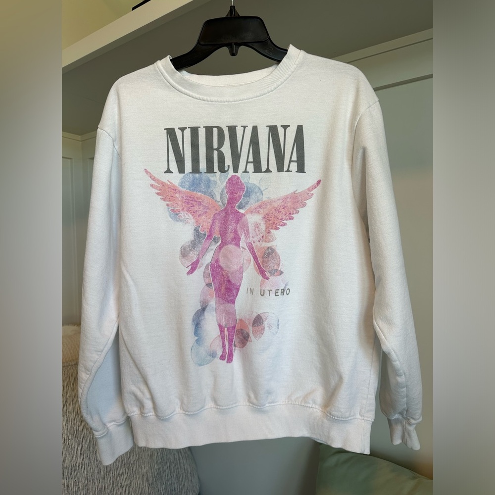Nirvana White Sweatshirt with Grey Letters Pink and Blue Size Small